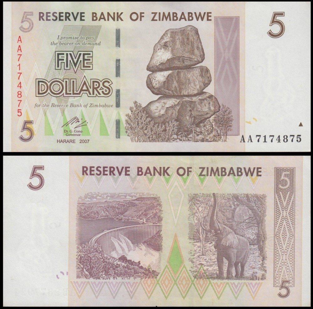 Zimbabwe 5 Dollars Banknote 2007 P 66 Used